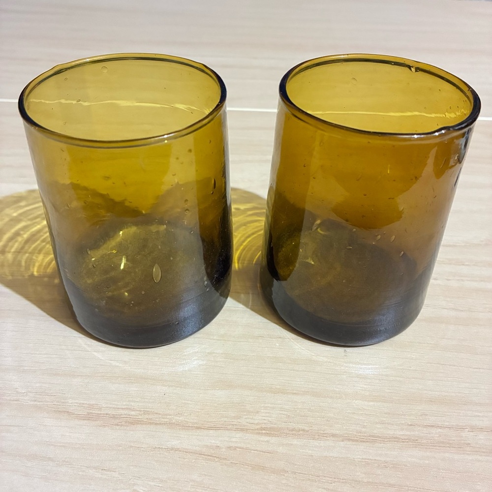 Handblown Amber Upcycled Glass Tumblers Set of 2 Candle Holders 3 3/4” X 2.5”